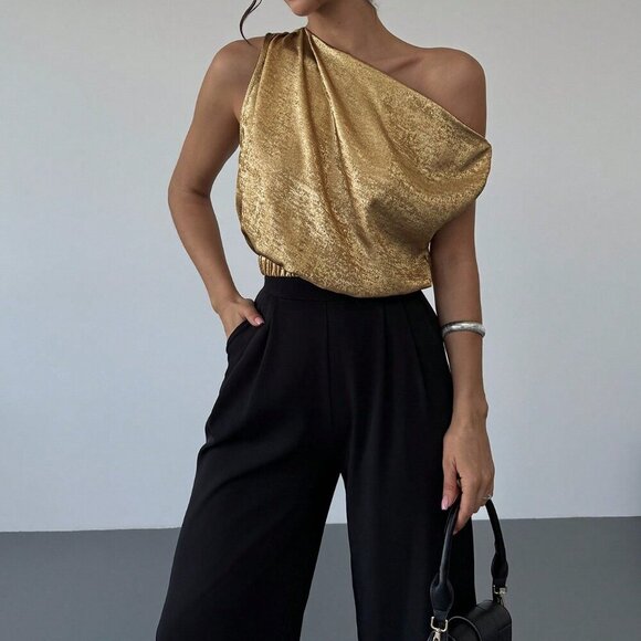 Tops - Gold Elegant Romantic Women's Asymmetric Off-Shoulder Blouse